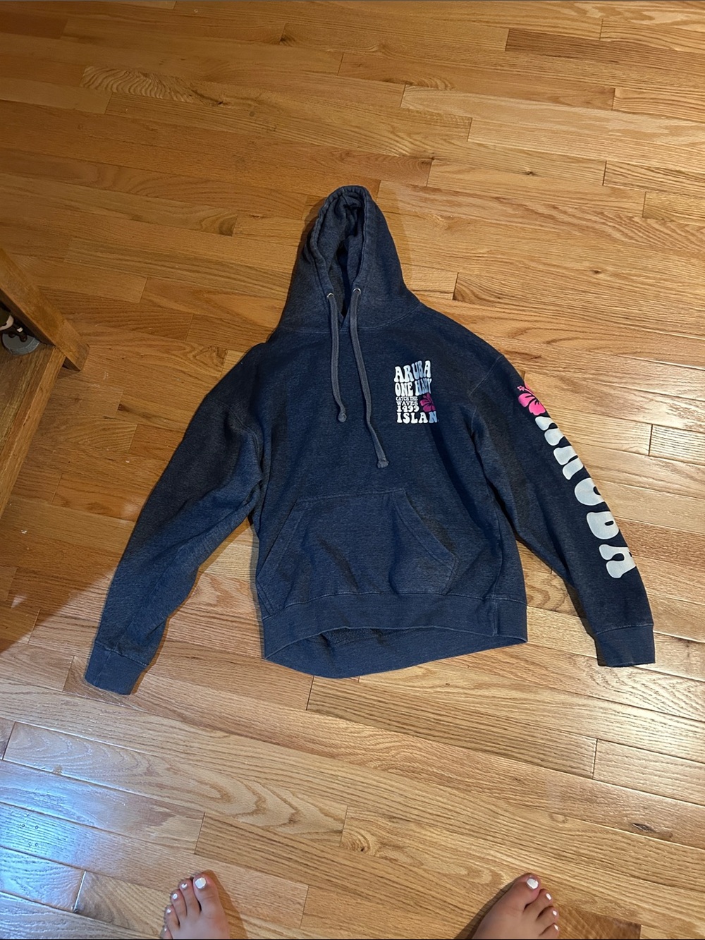 Dark Gray Hooded Pullover Sweatshirt with Sleeve Script